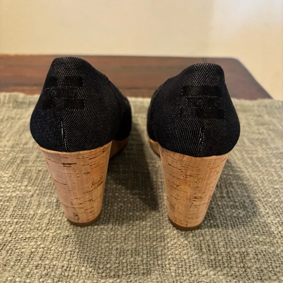 Toms Black Denim Stella Peep-Toe Cork Wedge Heels - Picture 5 of 13
